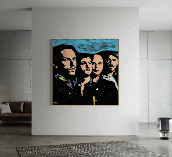 Henrix original artwork featuring Coldplay band members, painted in tones of blue, black, and peach.